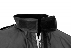 Photo showing self fastening collar on Solo Storm Jacket in Black on white background